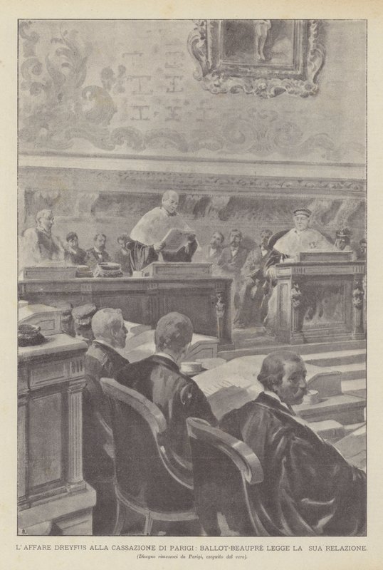 Dreyfusaffären Vid Paris-kassationen läser Ballot-Beaupre sin rapport (litho) av French School