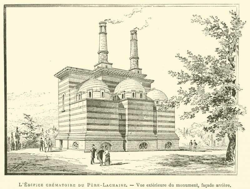 Pere-Lachaise Crematorium Building, Exteriör vy av monumentet, bakre fasad (gravyr) av French School
