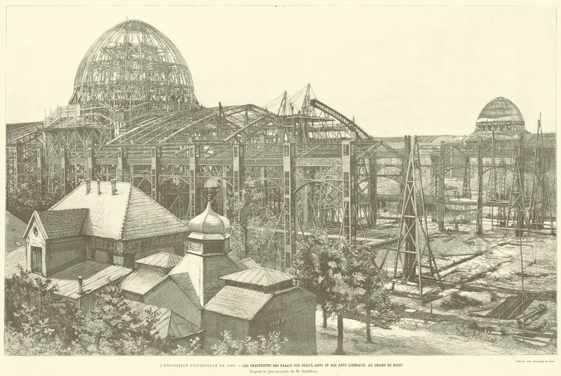 Den allmänna utställningen 1889, Ramarna för Palace of Fine Arts and Liberal Arts, på Champ de Mars, enligt fotografiet av M Godefroy (gravyr) av French School