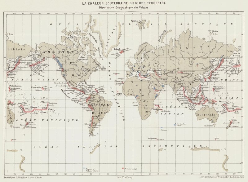 Jordens underjordiska värme, vulkanernas geografiska utbredning (färglitografi) av French School