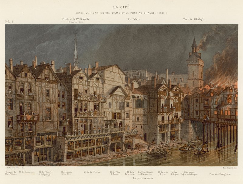 La Cite, mellan Pont Notre-Dame och Pont au Change, 1621 av French School