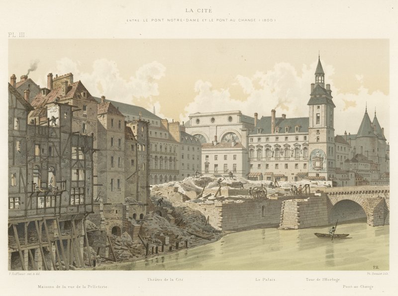 La Cite, mellan Pont Notre-Dame och Pont au Change, 1800 av French School