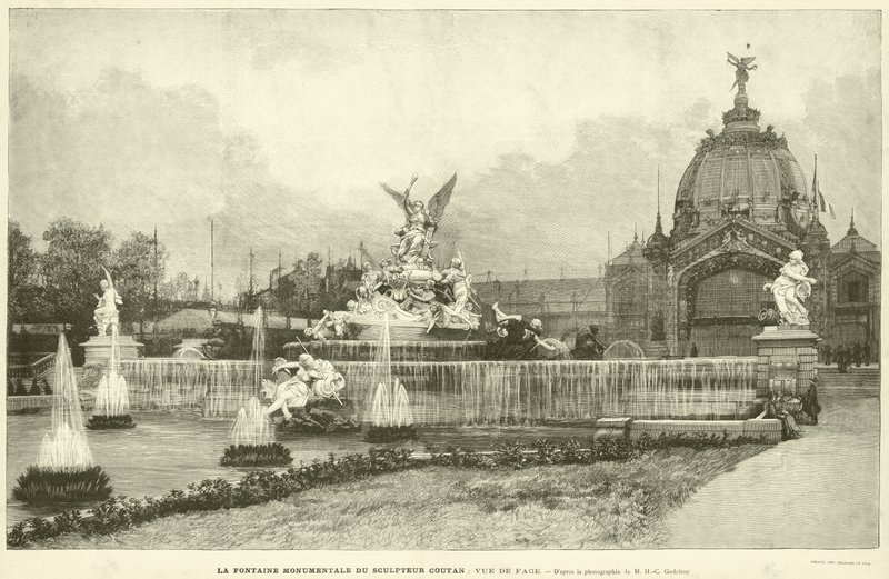 Skulptören Coutans monumentala fontän, framifrån, från fotografiet av M H-C Godefroy (gravyr) av French School
