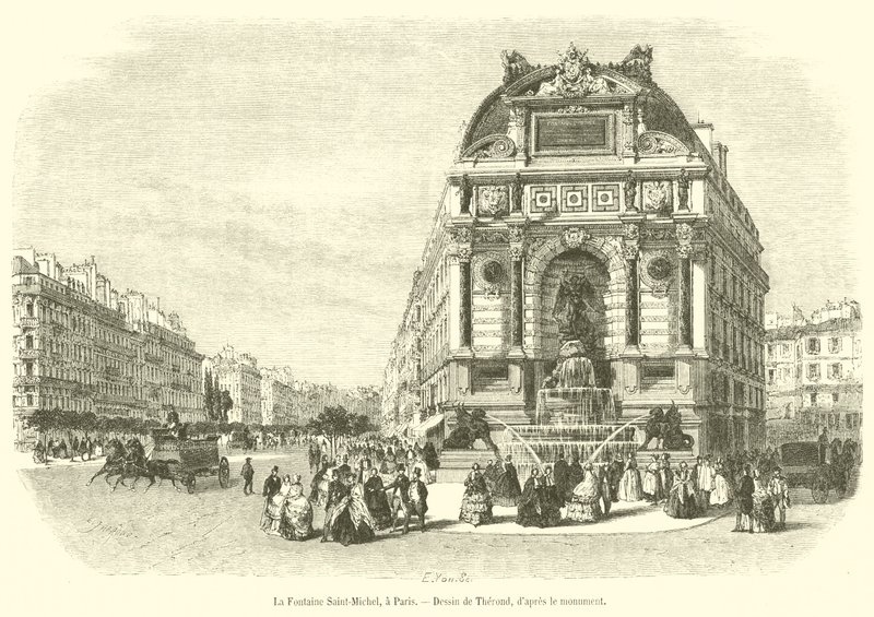 Saint-Michel-fontänen, i Paris (gravyr) av French School