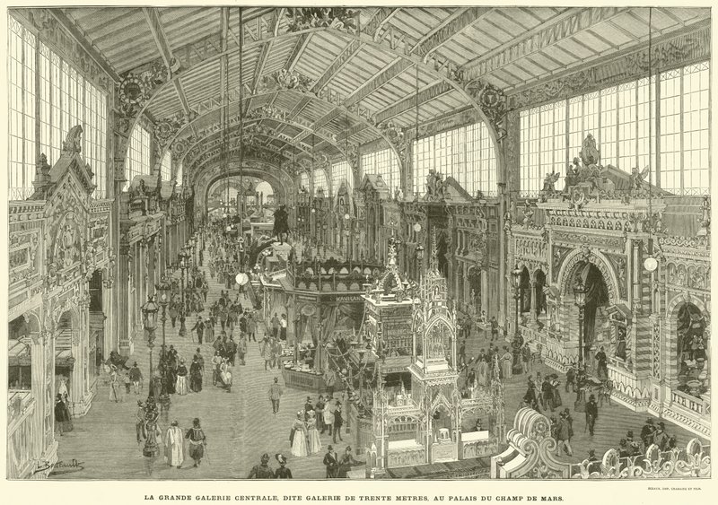 The Great Central Gallery, känt som Thirty Meter Gallery, vid Palais du Champ de Mars (gravyr) av French School