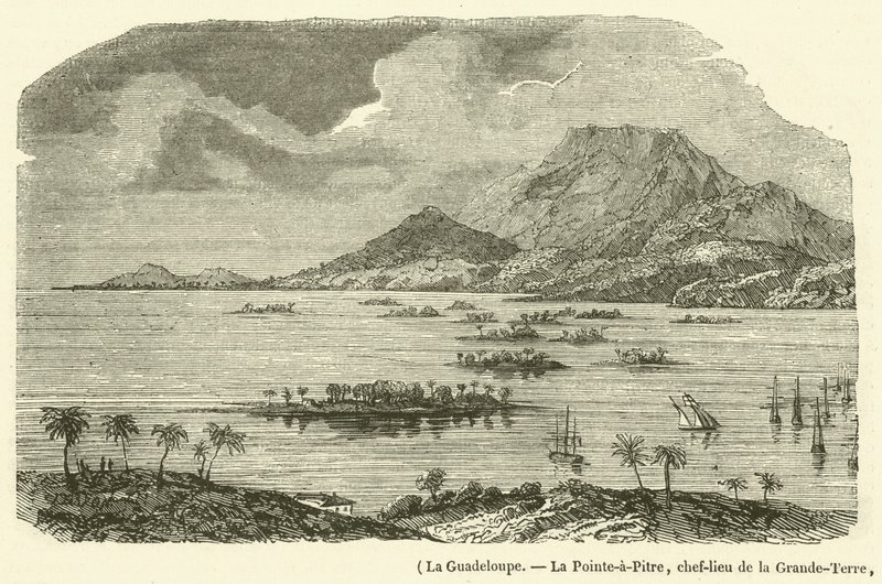 Guadeloupe, La Pointe-a-Pitre, huvudstad i Grande-Terre, förstördes delvis av jordbävningen den 8 februari 1843 (gravyr) av French School