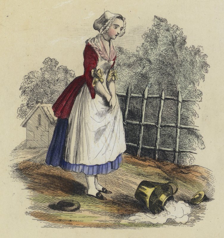 The Milkmaid And The Milk Jug (färgad gravyr) av French School