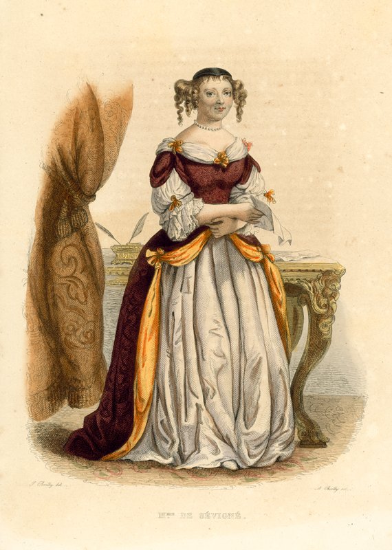 La Marquise de Sevigne (färgad gravyr) av French School