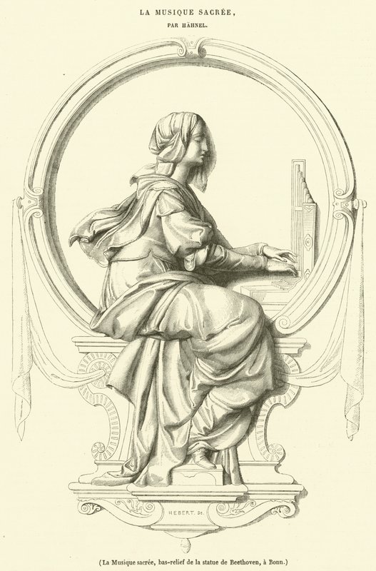 Den heliga musiken, basrelief av statyn av Beethoven, i Bonn (gravyr) av French School