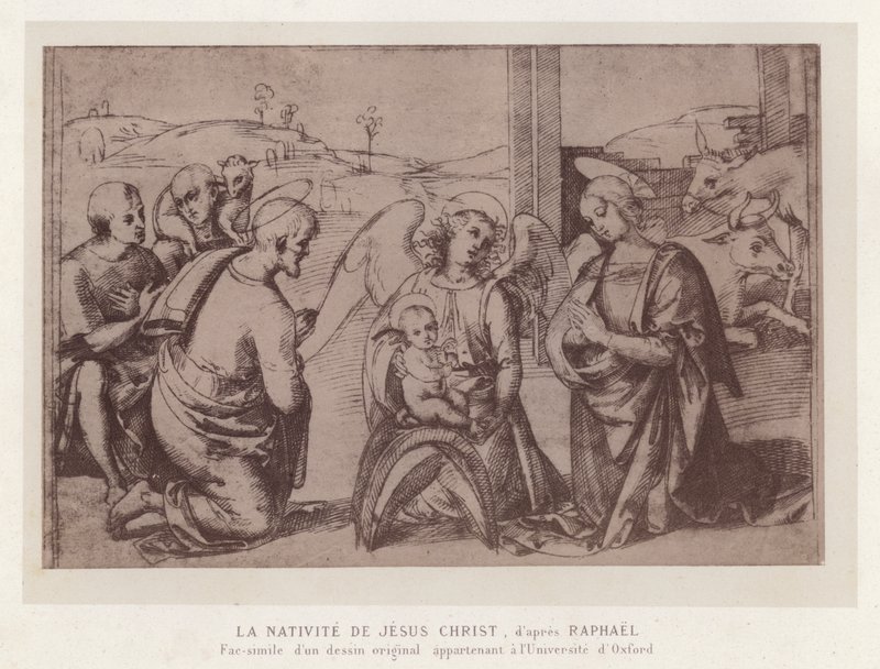 Jesu Kristi födelse, efter Raphael, faksimil av en originalteckning som tillhör University of Oxford (chromolitho) av French School