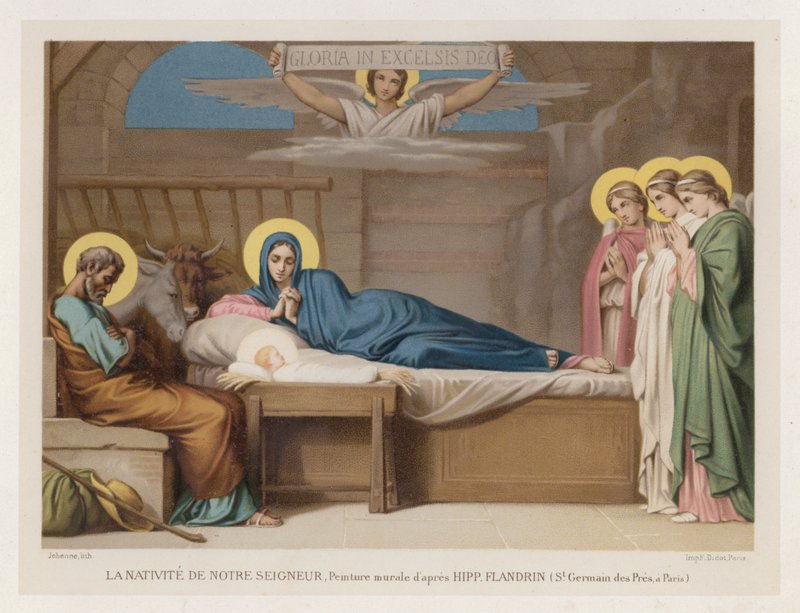 The Nativity of Our Lord, Väggmålning efter Hipp Flandrin, St Germain des Pres, i Paris (chromolitho) av French School