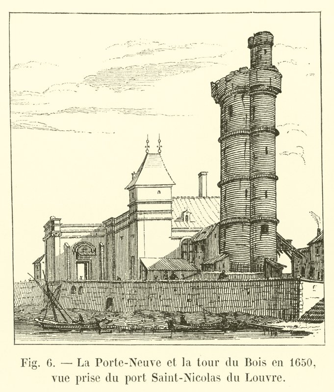 Porte-Neuve och Bois-tornet 1650, utsikt tagen från Port Saint-Nicolas du Louvren av French School