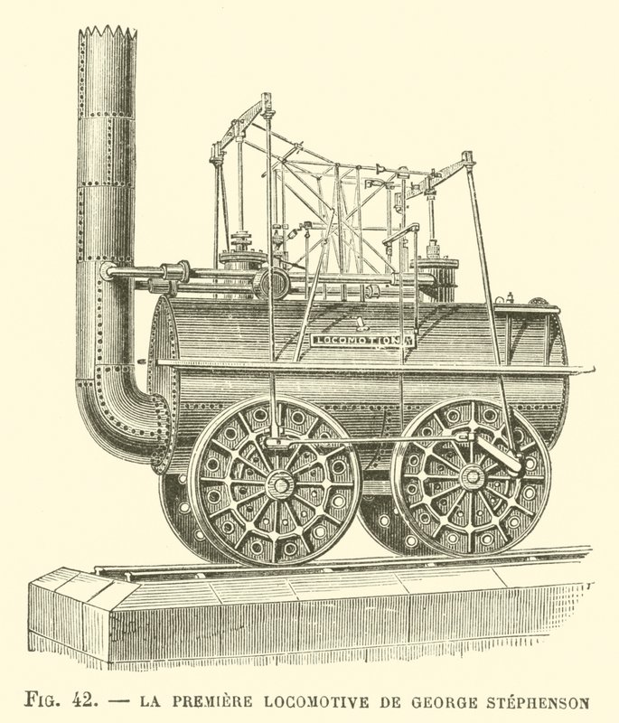 La Premiere Locomotive av George Stephenson (gravyr) av French School