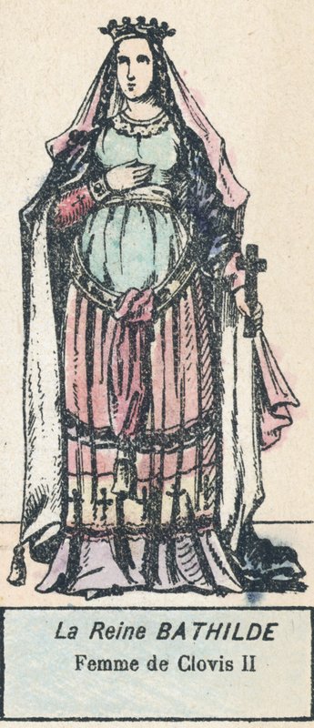 Drottning Bathilde, Hustru till Clovis II (färgad gravyr) av French School