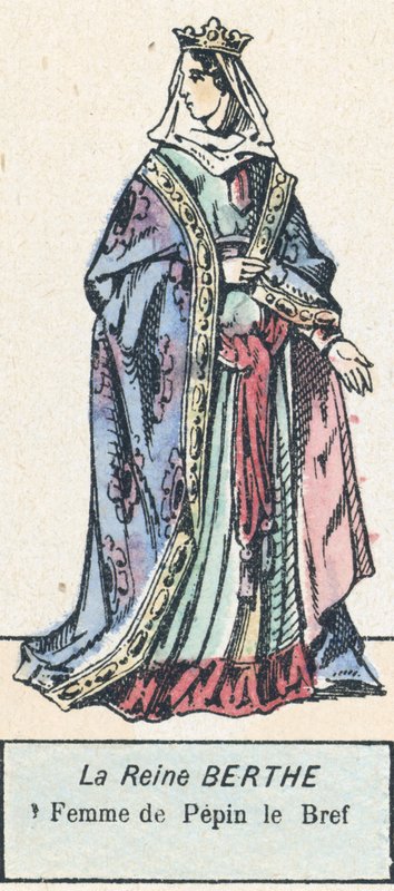Drottning Bertha, hustru till Pepin le Bref (färgad gravyr) av French School