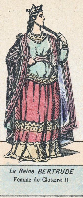 Drottning Bertrude, Hustru till Clotaire II (färgad gravyr) av French School