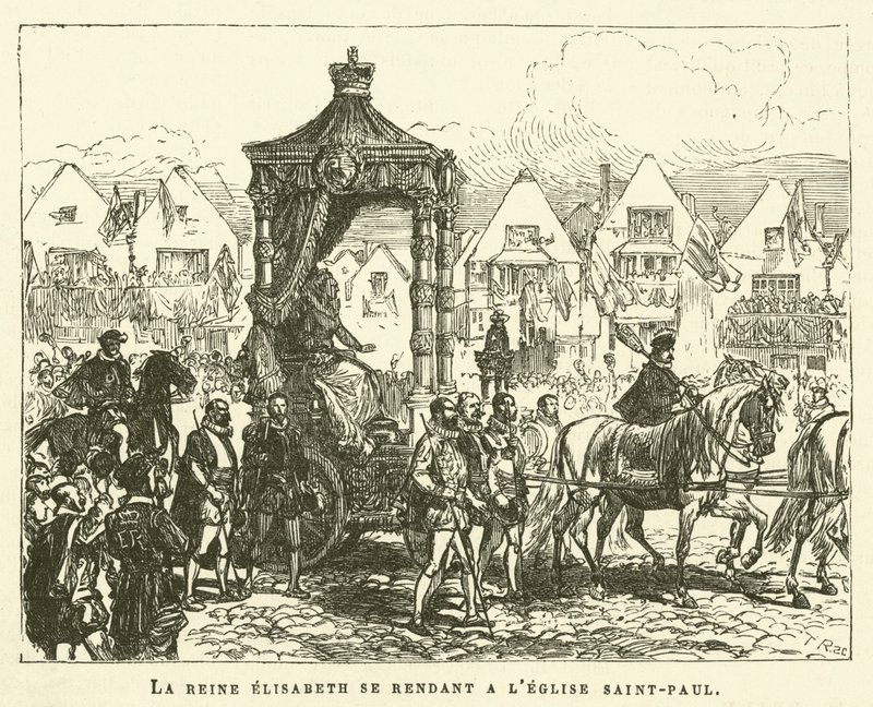 Drottning Elisabeth på väg till St. Pauls kyrka (gravyr) av French School