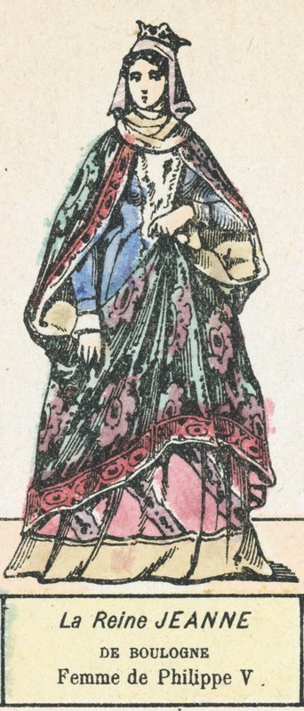 Drottning Jeanne av Boulogne, hustru till Filip V (färgad gravyr) av French School