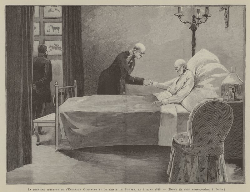 Det sista mötet mellan kejsar Wilhelm och prins Bismark, 8 mars 1888 (gravyr) av French School