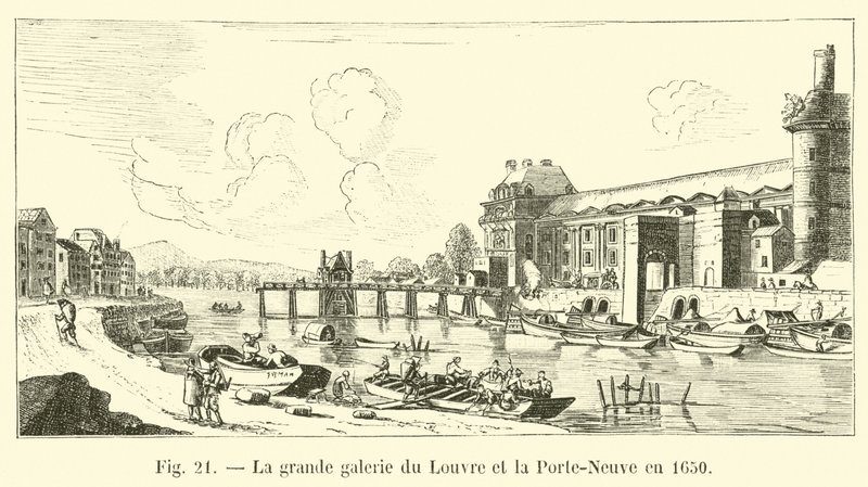Det stora galleriet i Louvren och Porte-Neuve 1650 av French School