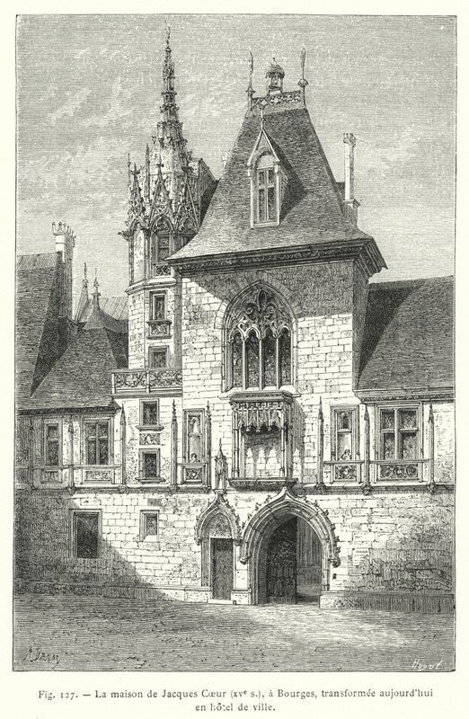 Jacques Coeurs hus, 1400-talet, i Bourges, idag förvandlat till ett rådhus (gravyr) av French School