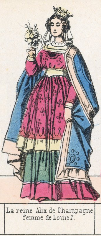 Drottning Alix av Champagne, fru till Ludvig 7 (färgad gravyr) av French School