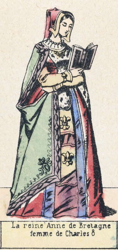 Drottning Anne av Bretagne, fru till Charles 8 (färgad gravyr) av French School