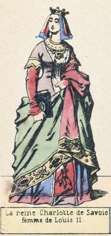 Drottning Charlotte av Savojen, hustru till Ludvig 11 (färgad gravyr) av French School