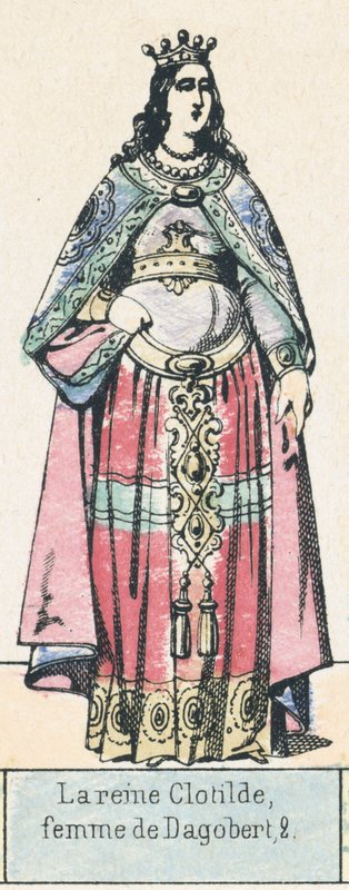 Drottning Clotilde, fru till Dagobert 2 (färgad gravyr) av French School