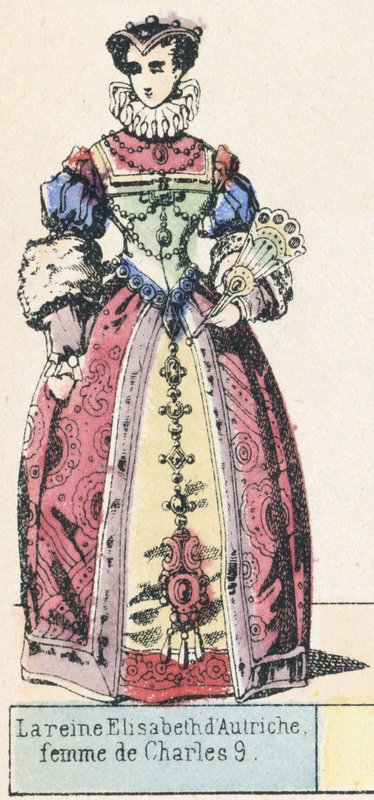 Drottning Elisabeth av Österrike, fru till Karl 9 (färgad gravyr) av French School