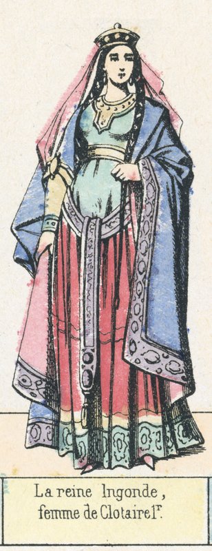 Drottning Ingonde, hustru till Clotaire 1r (färgad gravyr) av French School