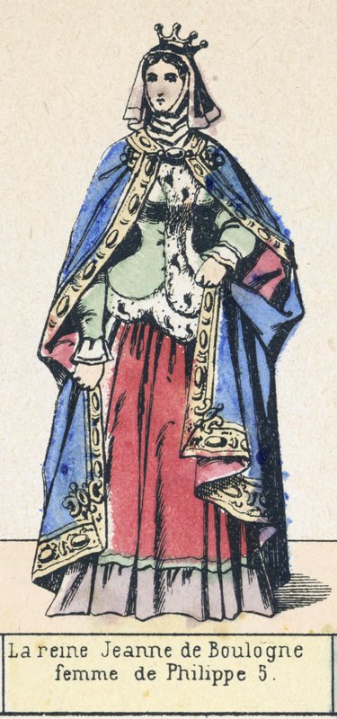 Drottning Jeanne av Boulogne, hustru till Filip 5 (färgad gravyr) av French School