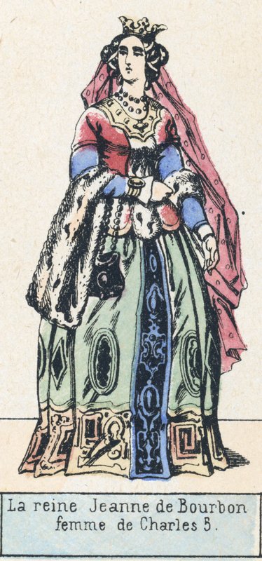 Drottning Jeanne av Bourbon, hustru till Charles 5 (färgad gravyr) av French School
