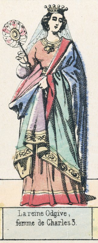 Drottning Odgive, hustru till Charles 3 (färgad gravyr) av French School