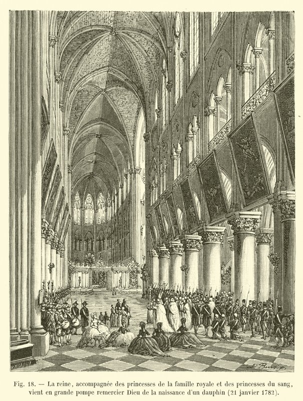 Drottningen, tillsammans med prinsessorna av den kungliga familjen och prinsessorna av blodet, kommer med stor pompa för att tacka Gud för födelsen av en Dauphin, 21 januari 1782 av French School