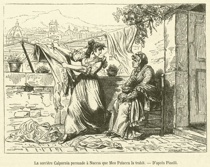Häxan Calpurnia övertalar Nuccia att Meo Patacca förråder henne (gravyr) av French School