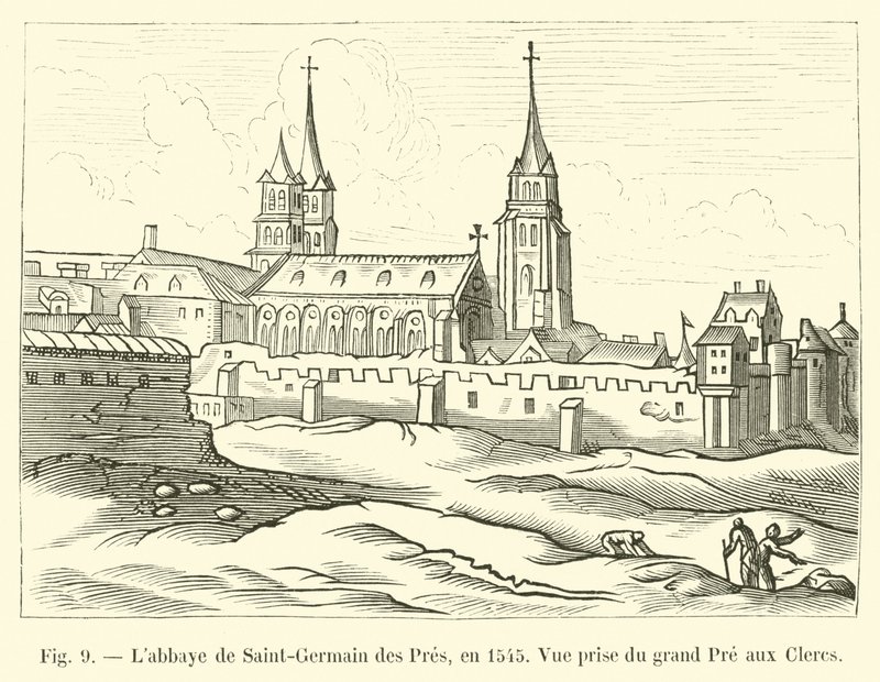 Abbey of Saint-Germain des Pres, 1545, utsikt från Grand Pre aux Clercs av French School