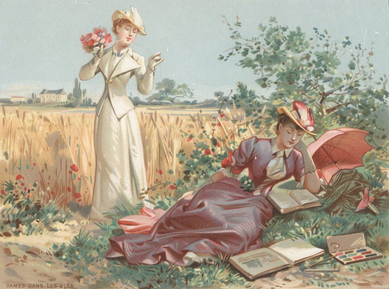 Damer i ett majsfält (chromolitho) av French School