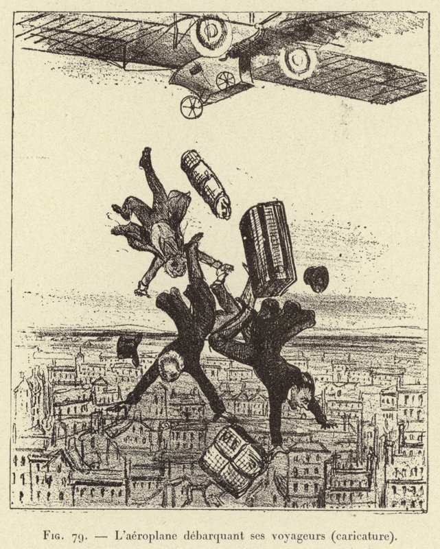 Flygplanet går av sina passagerare (karikatyr) (gravyr) av French School