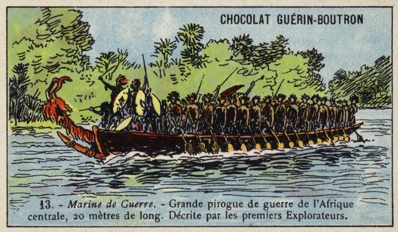 Stor centralafrikansk krigskanot (chromolitho) av French School