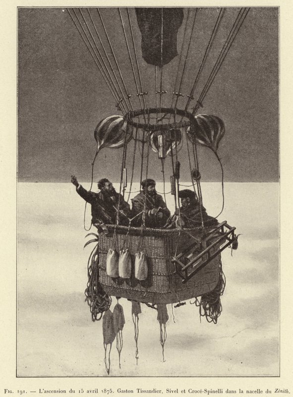 Uppstigningen den 15 april 1875, Gaston Tissandier, Sivel och Croce-Spinelli i Zenith-korgen (gravyr) av French School