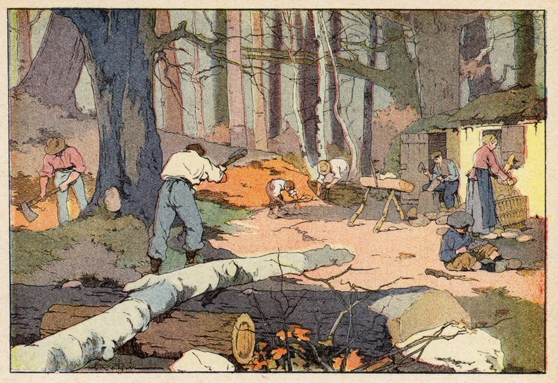 Le Bucheron, Le Sabotier, Vedhuggaren, Träskomakaren (lito i färg) av French School