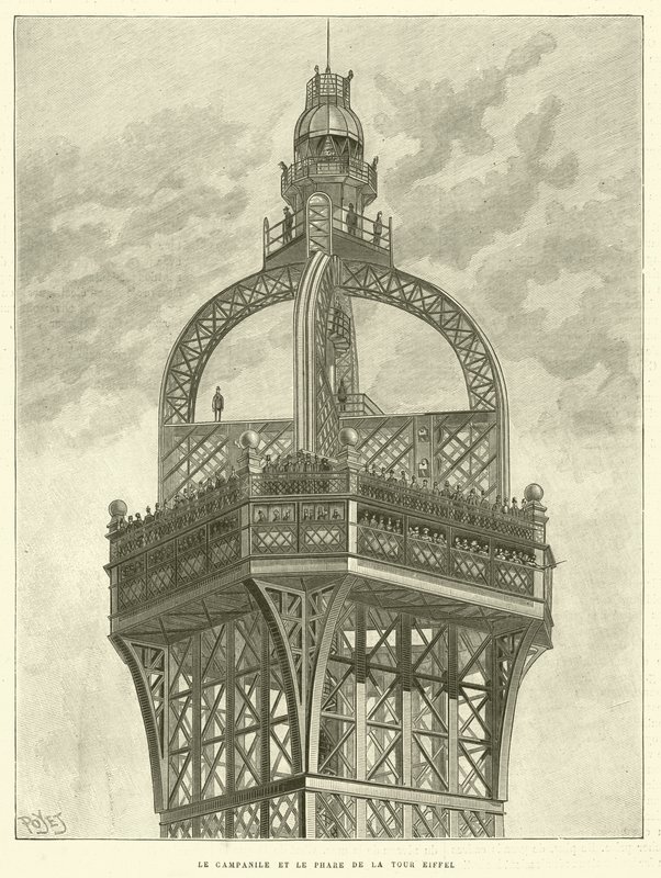 Campanile och Eiffeltornets fyr (gravyr) av French School