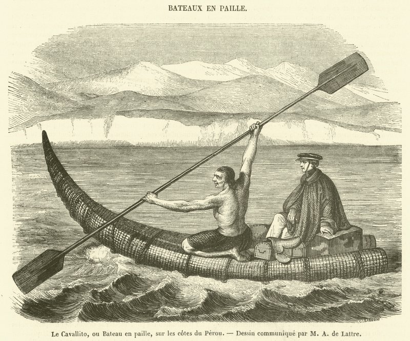 Cavallito, eller halmbåt, vid Perus kuster (gravyr) av French School