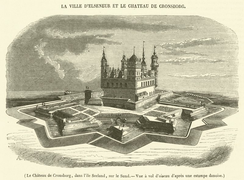 Cronsborgs slott, på ön Seeland, vid Sund, fågelperspektiv (gravyr) av French School