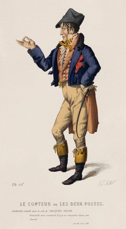 Berättaren eller de två inläggen, akt III, scen XIII (färgad gravyr) av French School
