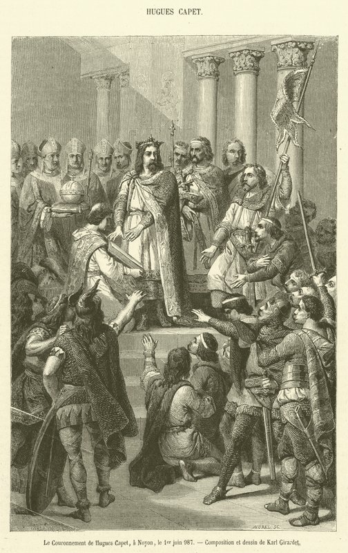 Kröningen av Hugues Capet, i Noyon, 1 juni 987 (gravyr) av French School