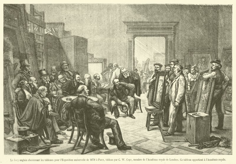 Den engelska juryn som väljer ut målningarna för världsutställningen 1878 i Paris (gravyr) av French School