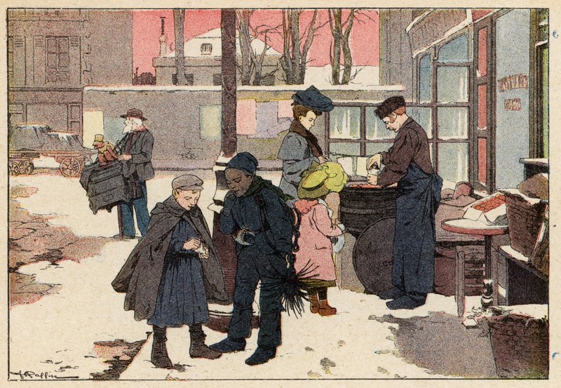 Le Marchand De Marrons, kastanjesäljaren (lito i färg) av French School