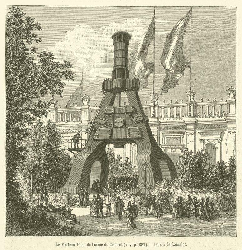 Stöthammaren från Creusot-fabriken (gravyr) av French School